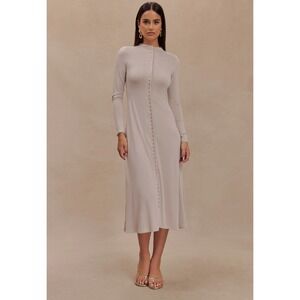 NWT Meshki Anders Dress Women S Taupe Button Front Midi Quiet Luxury Minimalist